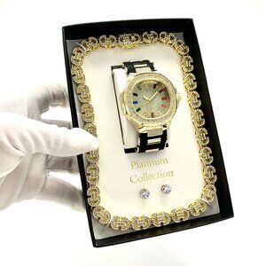 Iced Out Rainbow Baguette Diamond Silicone Strap Watch/Chain/Earring 3pc Set